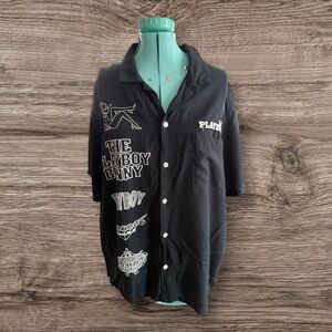 Vintage Playboy Mens Black Button Up Shirt Graphic Logo Short Sleeve